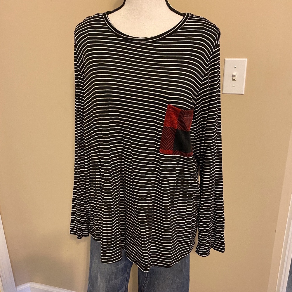 Striped top with Buffalo Plaid Pocket and Elbows